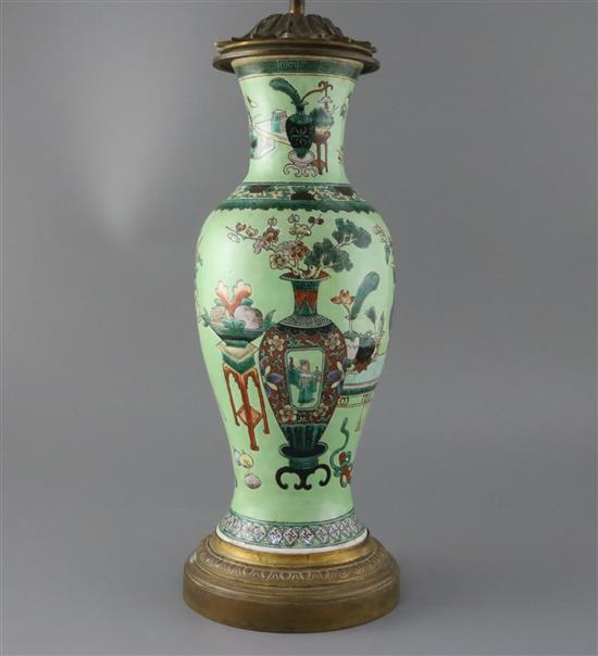 A Chinese famille verte lime green ground vase, late 19th century, H. 42cm including mounts